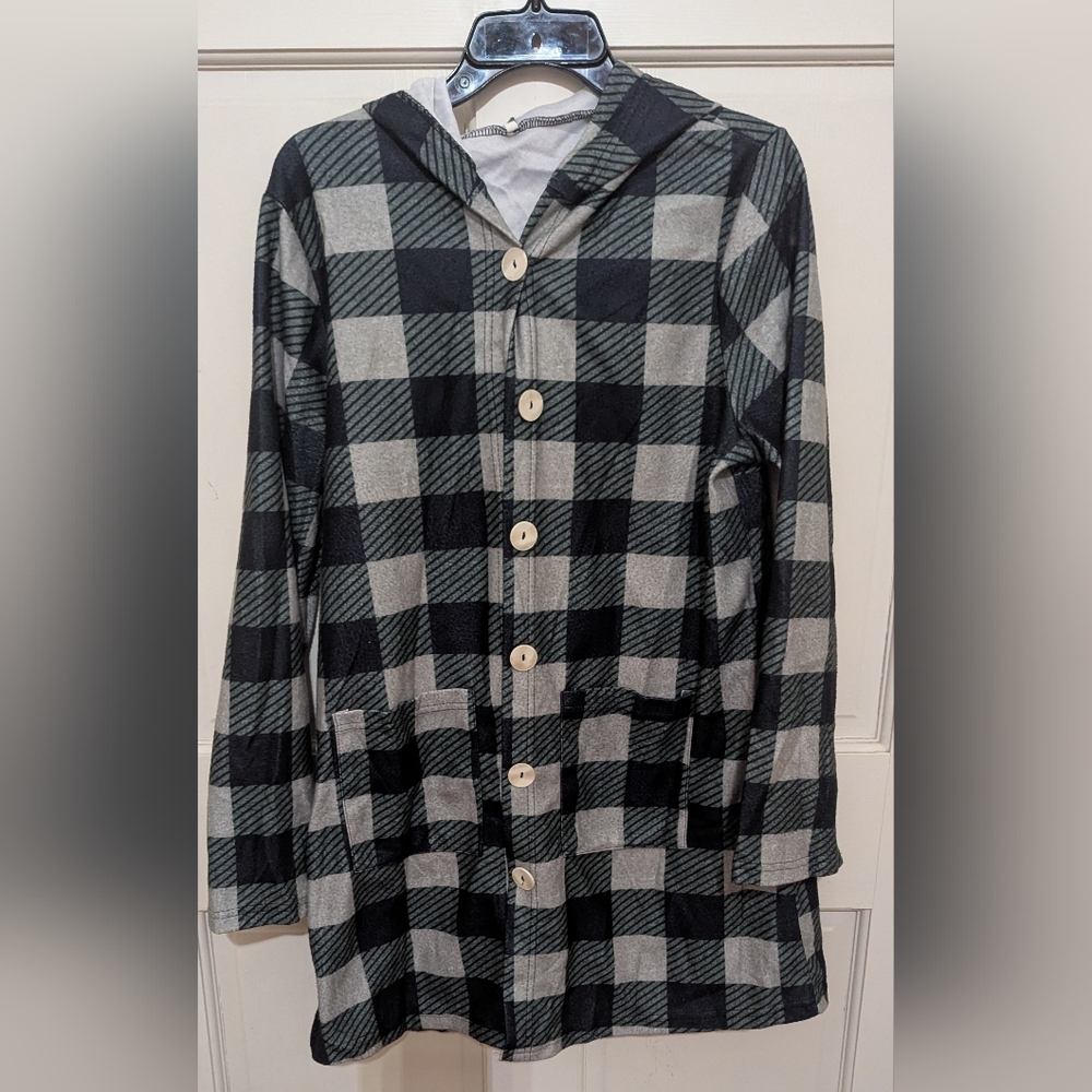 Black, Green And Gray Checkered Button-Up Shirt Jacket With Hood